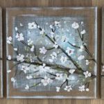 Branche de cerisier en fleurs - Peinture acrylique sur toile de jute - 3 tableaux de 30 x 30 cm